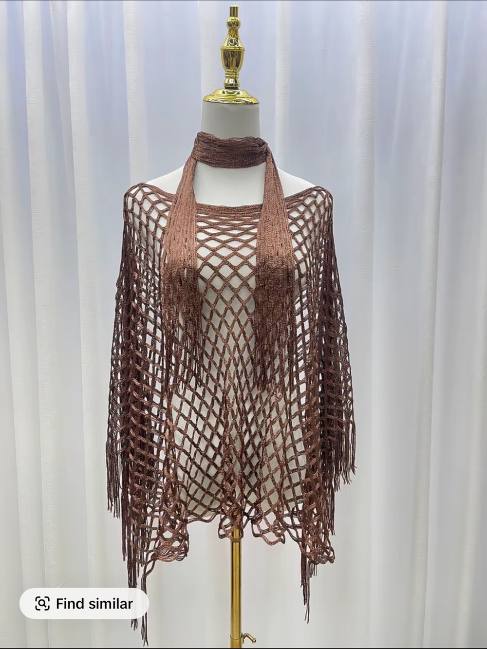 Brown Crochet Fringe Poncho with Matching Scarf